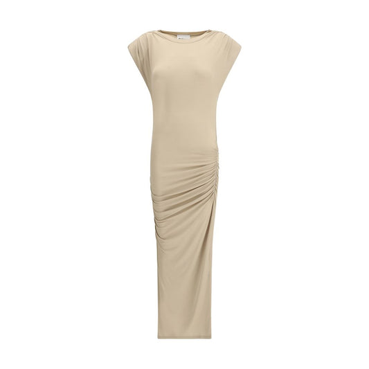 Marant Etoile Beige Modal Casual Dress with draped midi design, cap sleeves, and crew neck for an elegant, modern silhouette.