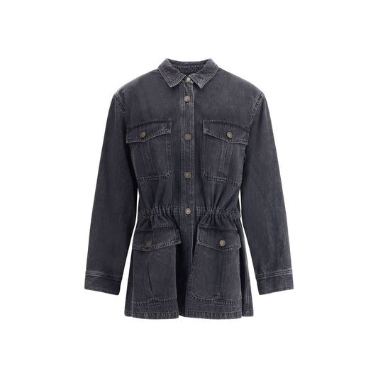 Marant Etoile Gray Cotton Denim Jacket with traditional collar, four patch pockets, and elasticated waistband for a stylish, casual look.