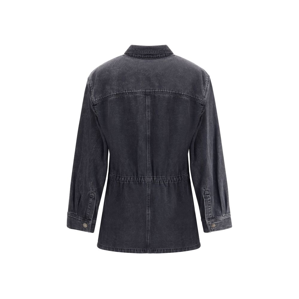 Back view of Marant Etoile Gray Cotton Denim Jacket with traditional collar and elasticated waistband, featuring a classic design for AW25.