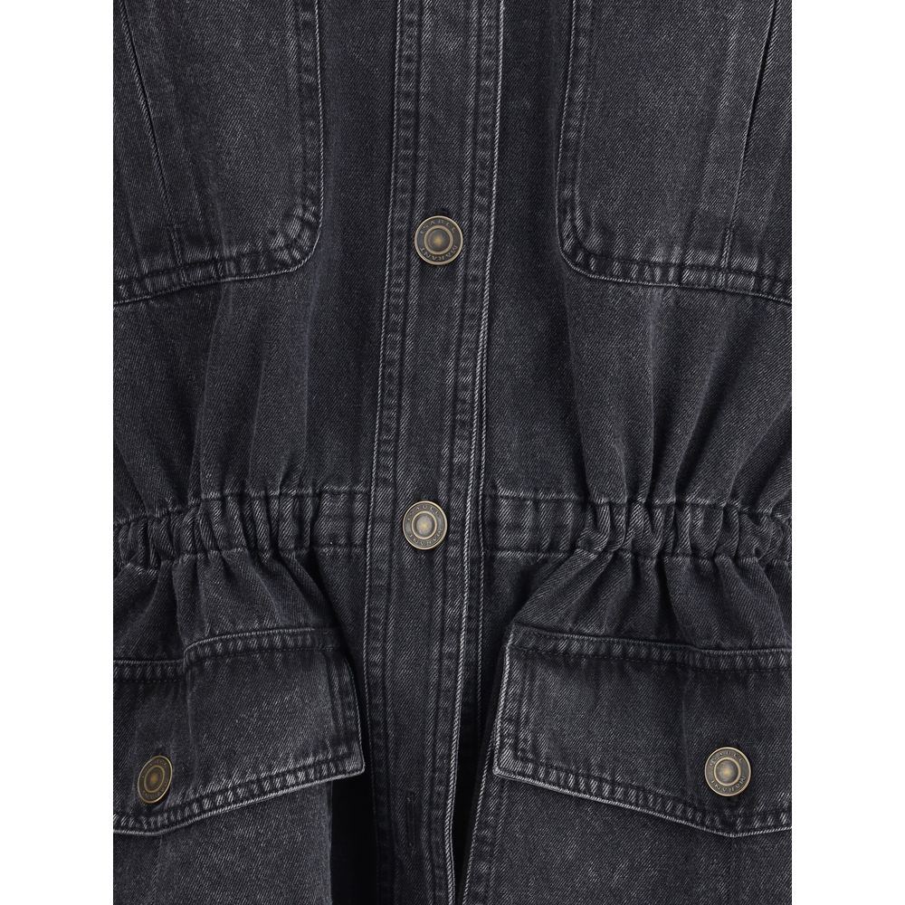 Close-up of Marant Etoile Gray Cotton Denim Jacket front button closure and patch pockets.