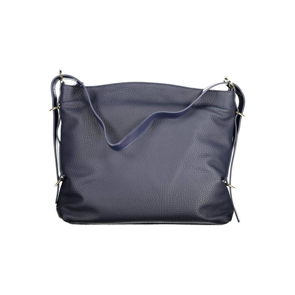 Mario Valentino Blue Polyethylene Handbag with adjustable shoulder strap and logo, featuring zip closure and two internal pockets.