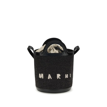 Marni Black Cotton Backet Bag with raffia texture, leather trim, and adjustable strap