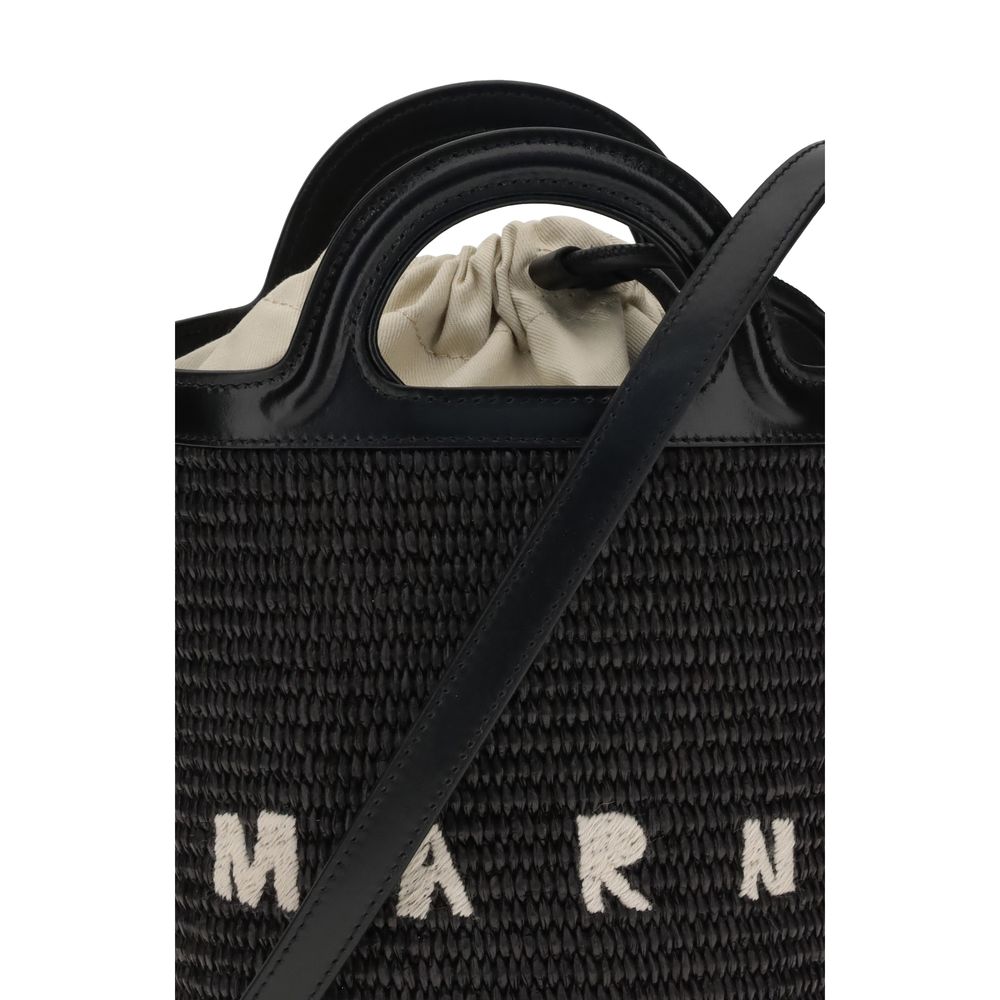 Marni Black Cotton Backet Bag with leather trim and drawstring closure