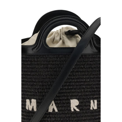 Marni Black Cotton Backet Bag with leather trim and drawstring closure
