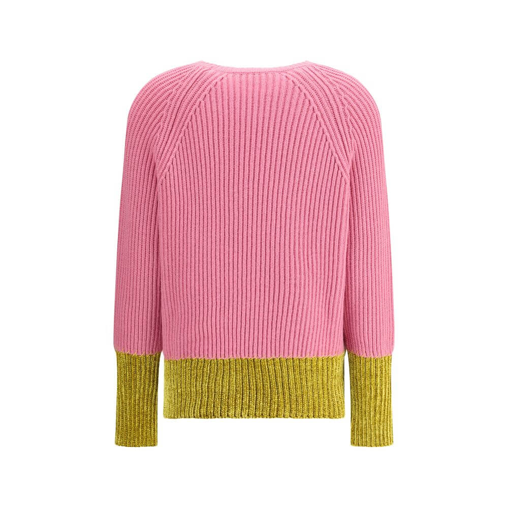 Marni Multicolor Fleece Wool Sweatshirt with pink and green color-block design, English rib knitting, and handcrafted details.