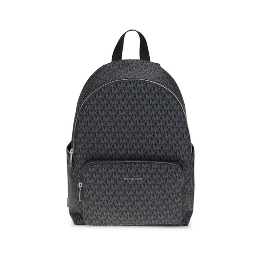 Michael Kors Black Polyester Backpack with logo print design, featuring zippered front clutch and two pouch pockets for a stylish look.