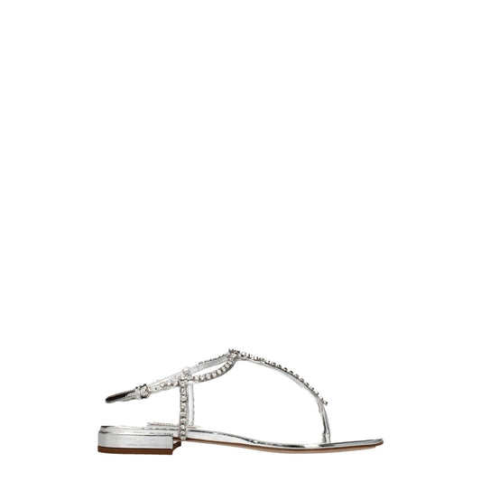 Miu Miu Gray Leather Flip-Flop Sandals with rhinestones, metallic effect, buckle closure, open toe, and flat heel.