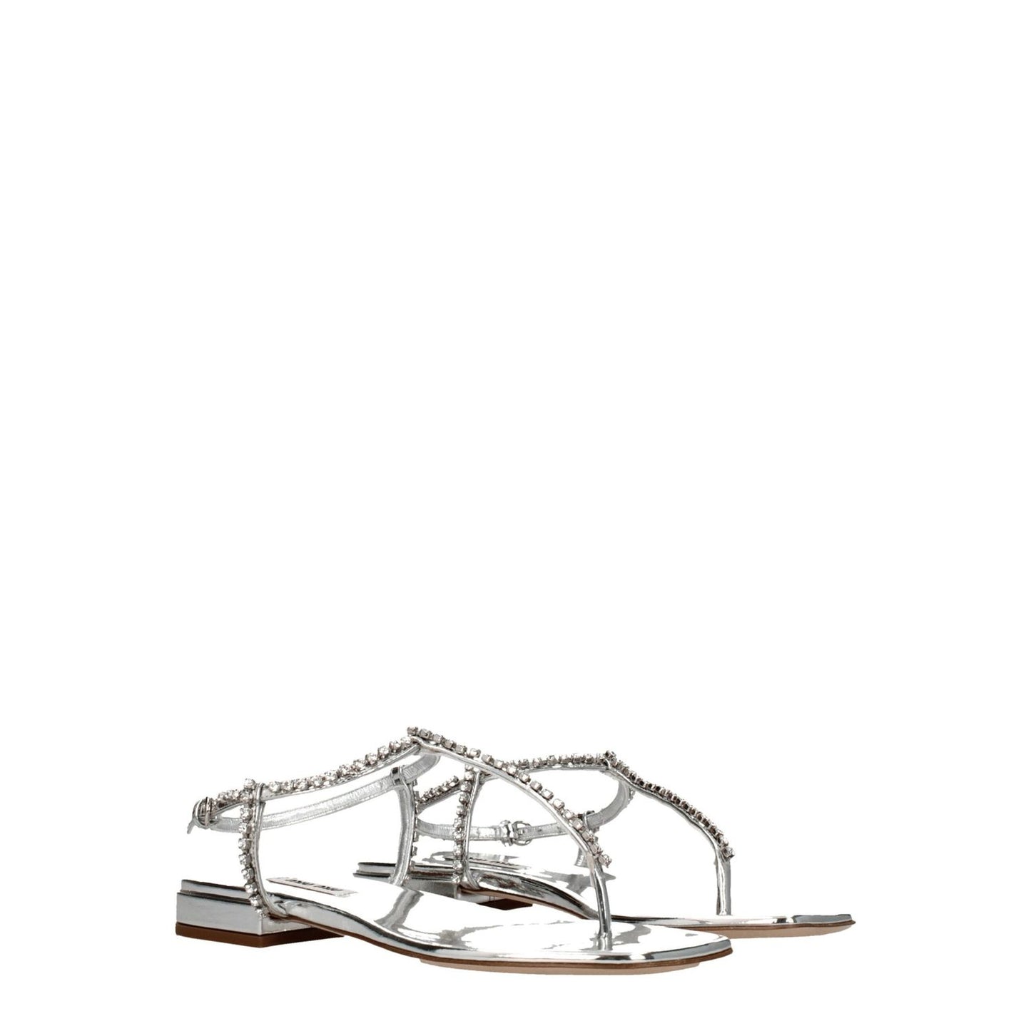 Miu Miu Gray Leather Flip-Flop Sandals with metallic effect, rhinestone design, buckle closure, open toe, low flat heel, leather sole.