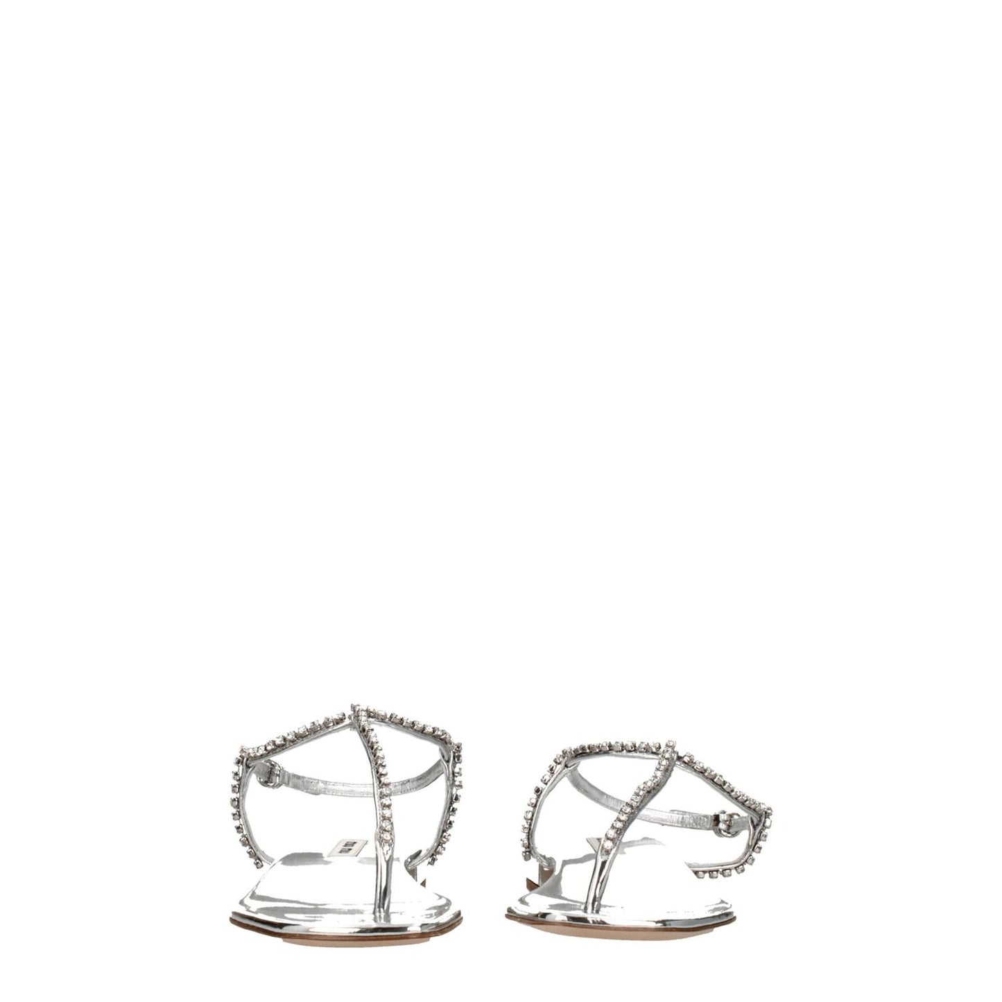 Miu Miu Gray Leather Flip-Flop Sandals with metallic effect and rhinestones, open toe, buckle closure, low flat heel, back view