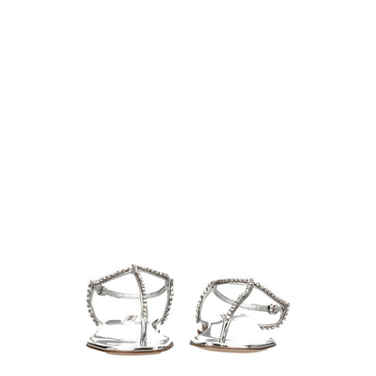 Miu Miu Gray Leather Flip-Flop Sandals with metallic effect and rhinestones, open toe, buckle closure, low flat heel, back view