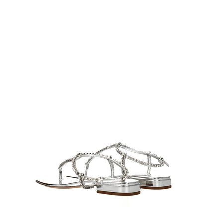 Miu Miu Gray Leather Flip-Flop Sandals with metallic effect and rhinestones, open toe, low heel, leather sole, side view