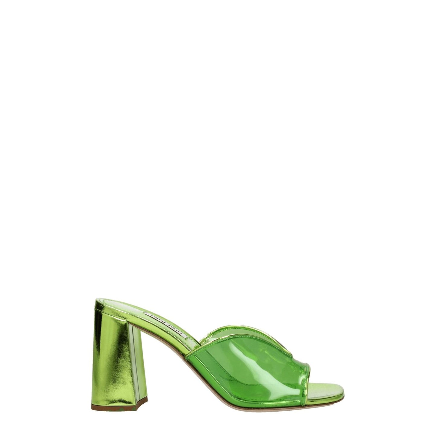 Miu Miu Green Plexiglass Platform Sandals with leather sole, mid heel, open toe; style code F76693, MPN 5XX5783LLU085F0613