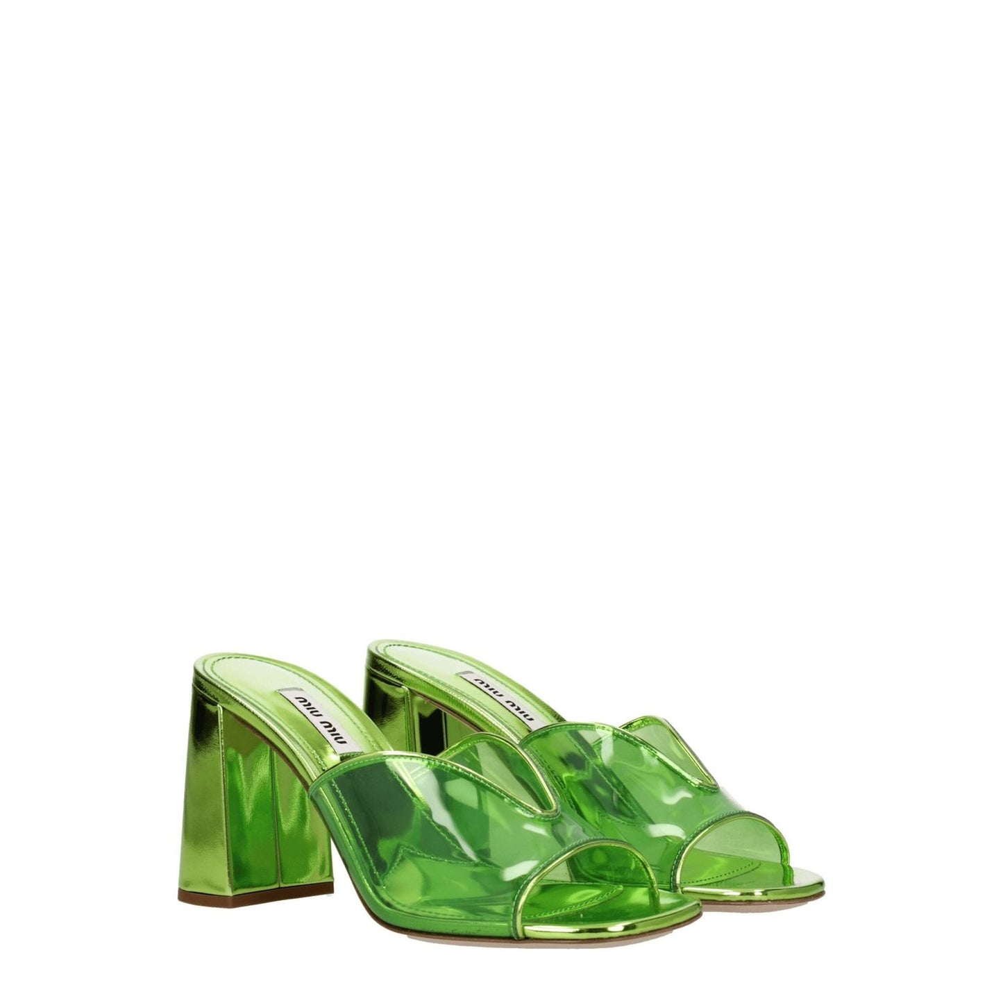 Miu Miu Green Plexiglass Platform Sandals, open toe mid heel leather sole, stylish casual footwear designed for comfort.
