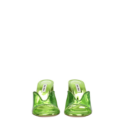 Front view of Miu Miu Green Plexiglass Platform Sandals with open toe design and mid heels.