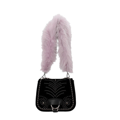 Miu Miu Purple Fur Shoulder Bag with silver details and hook closure, featuring logo design, measuring 55 cm in fox fur.