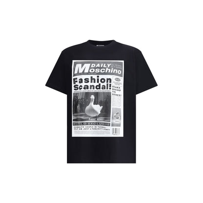 Moschino Black Cotton T-Shirt with bold newspaper print and iconic monogram, ribbed crew neck, 100% cotton, made in Portugal.
