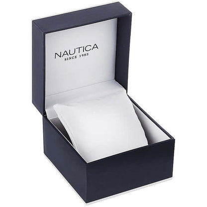 Official box packaging for NAUTICA Mod. NAPCPS904 quartz analog wristwatch. Suitable for gents. Water resistant up to 5 ATM.