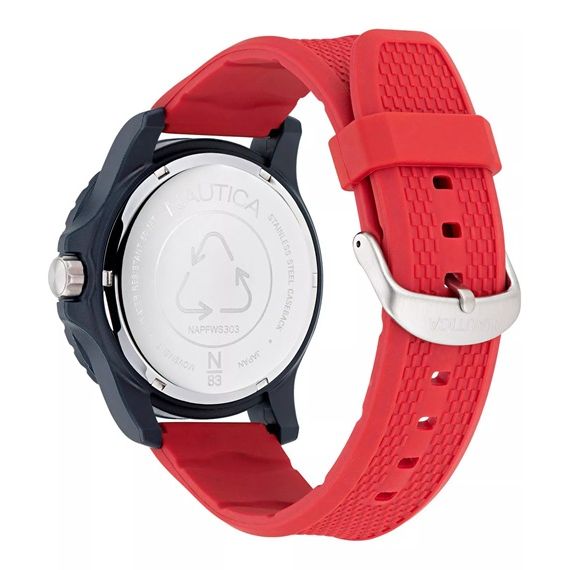 Back view of NAUTICA Mod. NAPFWS303 watch with red bracelet and stainless steel case.