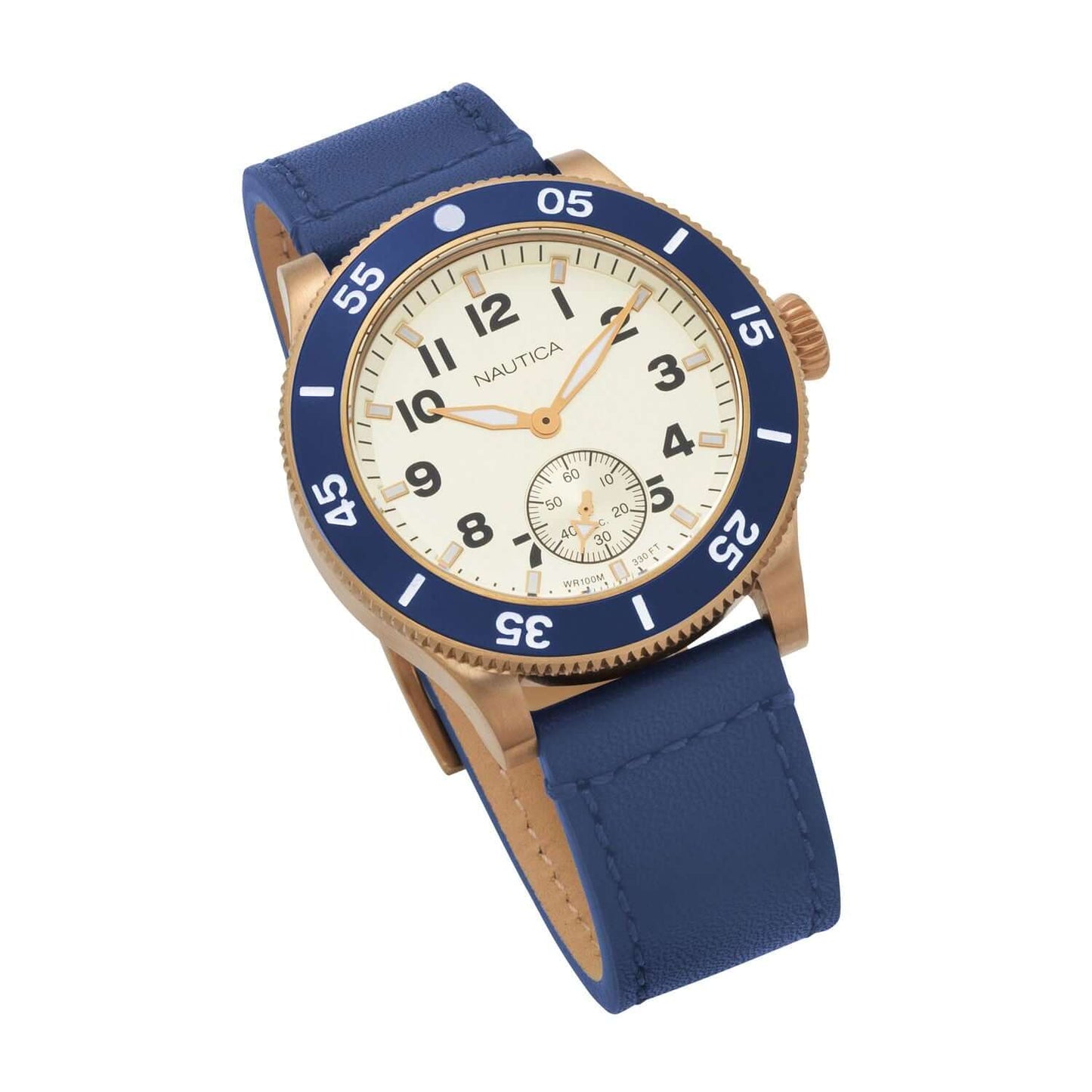 NAUTICA Mod. NAPHST003 men's quartz analog watch with blue strap and gold-toned case, 44mm, mineral dial, 10 ATM water resistance.