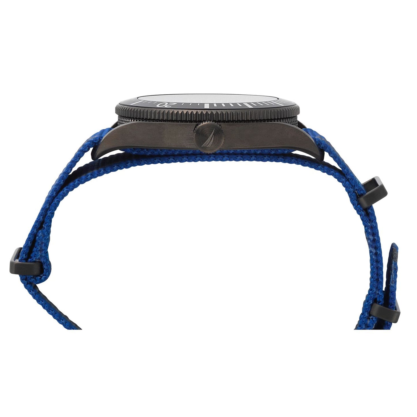 Side view of NAUTICA Mod. NAPPRF002 watch with blue strap and black case, showing Quartz Analog Movement and 10 ATM water resistance.