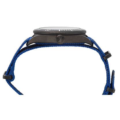 Side view of NAUTICA Mod. NAPPRF002 watch with blue strap and black case, showing Quartz Analog Movement and 10 ATM water resistance.