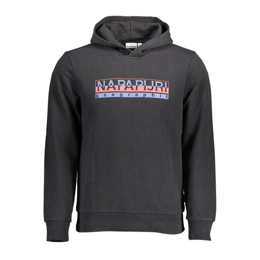 Napapijri Black Cotton Men Hoodie with logo print on the chest, showcasing sleek and trendy urban style.