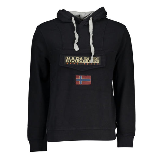 Napapijri Black Cotton Men's Hooded Sweater with logo and central pocket, featuring brushed cotton for ultimate comfort and style.
