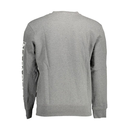 Back view of Napapijri Gray Cotton Men Sweater with long sleeves, crew neck, and iconic logo detailing.