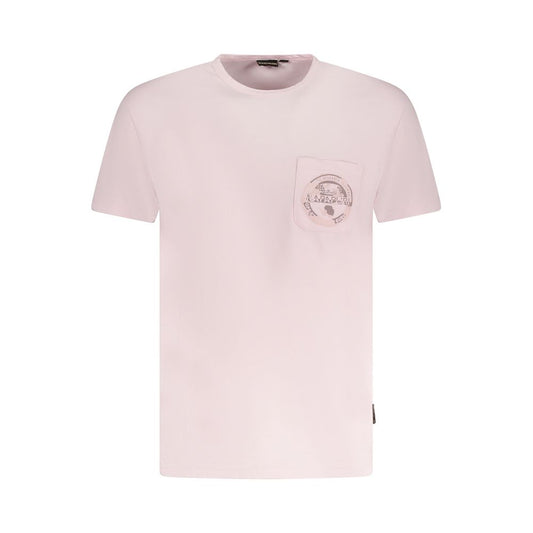Napapijri Pink Cotton Men T-Shirt with crew neck and pocket detail, showcasing vibrant design and logo print.