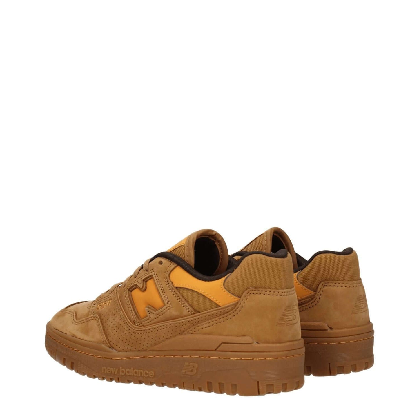 New Balance Brown Leather Sneakers with suede material, round toe, low flat heel, and logos on side, front, and back.