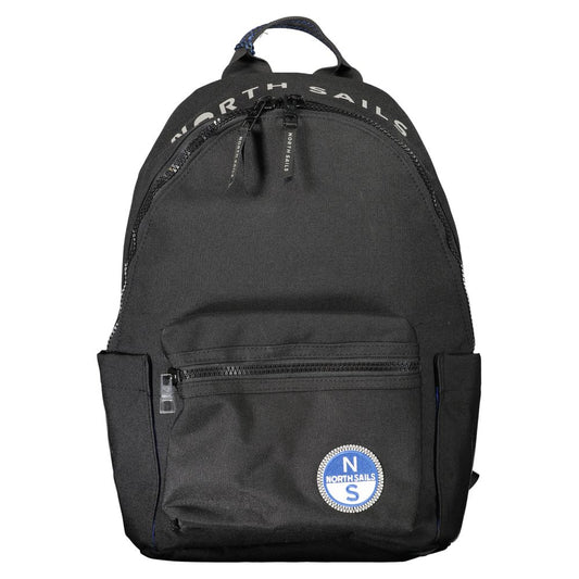 North Sails Black Polyester Men Backpack with zip closure and logo, featuring laptop compartment and document holder for urban mobility.