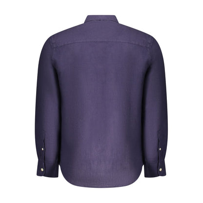 Back view of North Sails Blue Linen Men Shirt with Italian collar and 1-button cuffs, showcasing designer embroidery and logo.