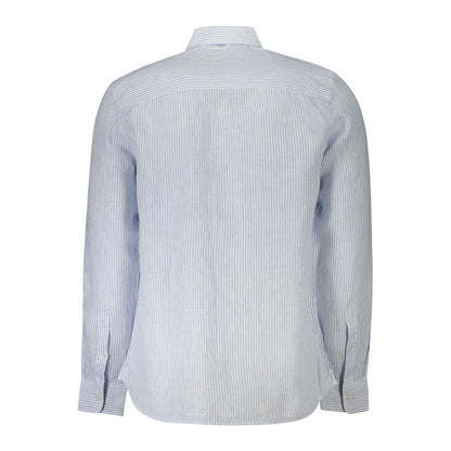 Back view of North Sails Blue Linen Shirt with long sleeves, French collar, and striped design, featuring logo embroidery.