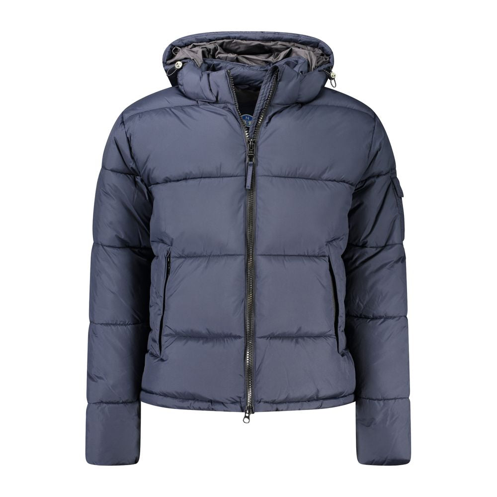 North Sails Blue Polyester Men Jacket with removable hood and pockets, highlighting functionality and modern design.