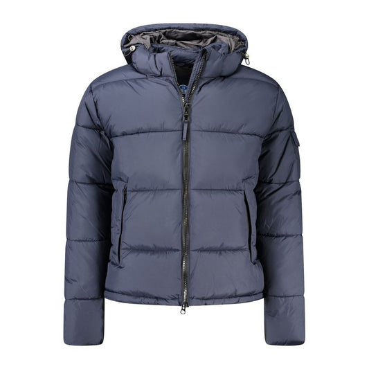 North Sails Blue Polyester Men Jacket with removable hood and pockets, highlighting functionality and modern design.
