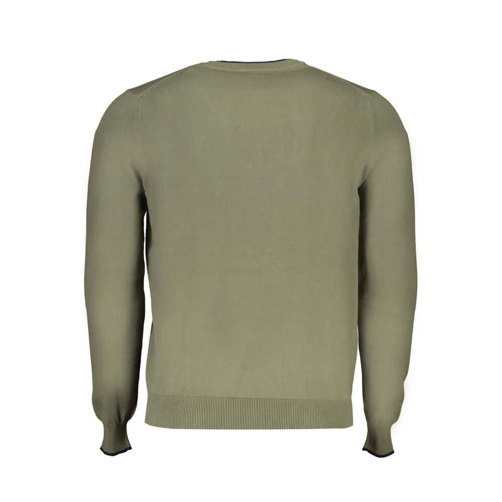 Back view of North Sails Green Cotton Sweater, long sleeved with ribbed cuffs, crew neck, and organic cotton fabric.