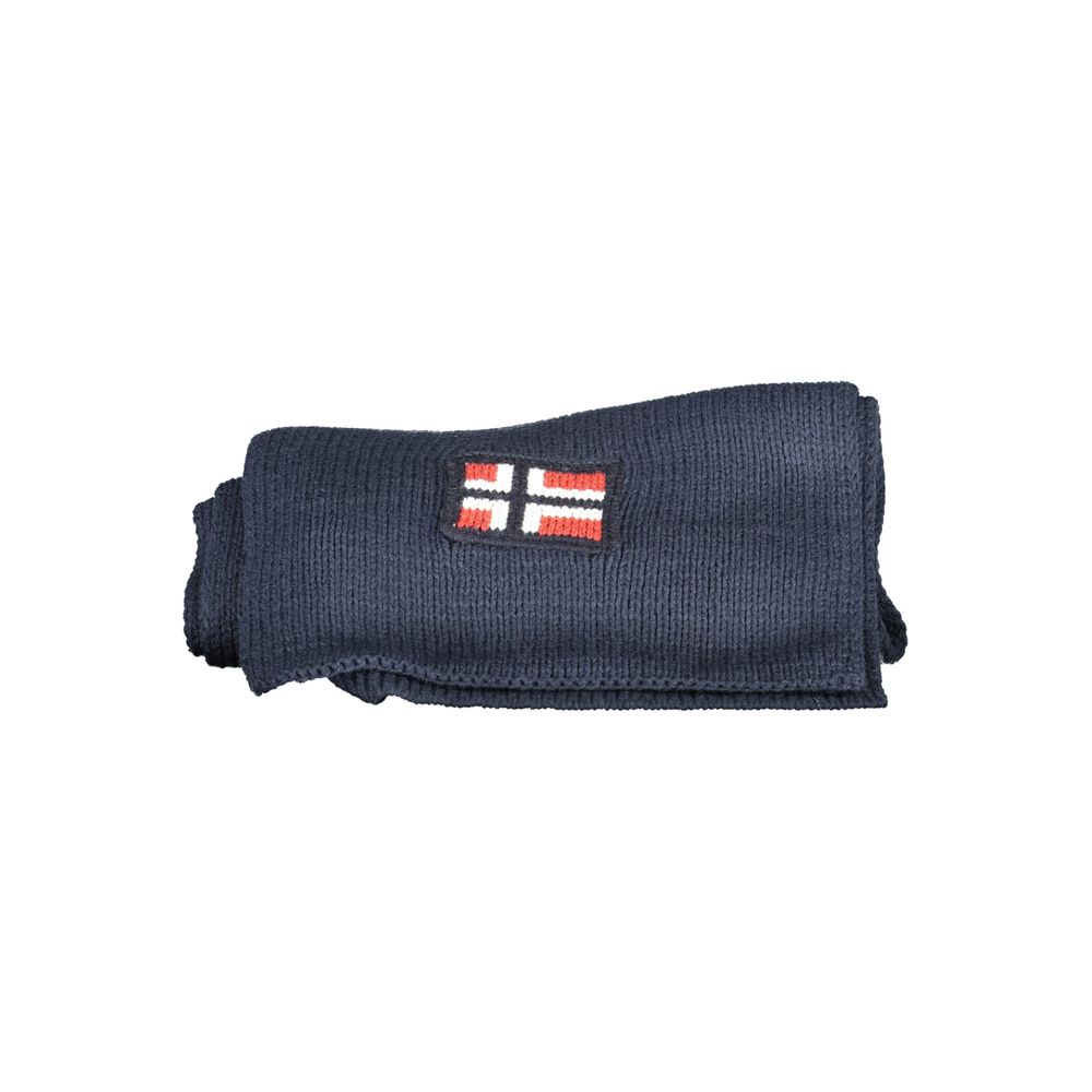 Norway 1963 Blue Marabou Men Scarf with embroidered logo, folded, showcasing luxury design and navy blue color.