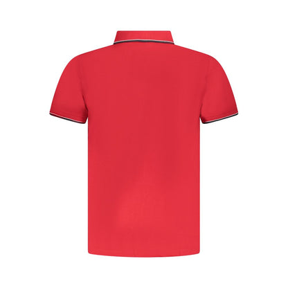Norway 1963 Red Cotton Polo Shirt with short sleeves, 3 buttons, contrasting details, and logo on back view.