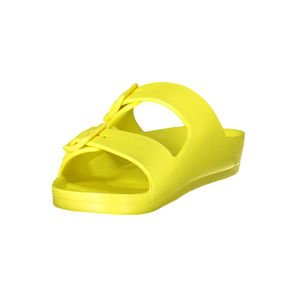 Norway 1963 Yellow Plastic Women Sandal with double buckle design and durable construction.