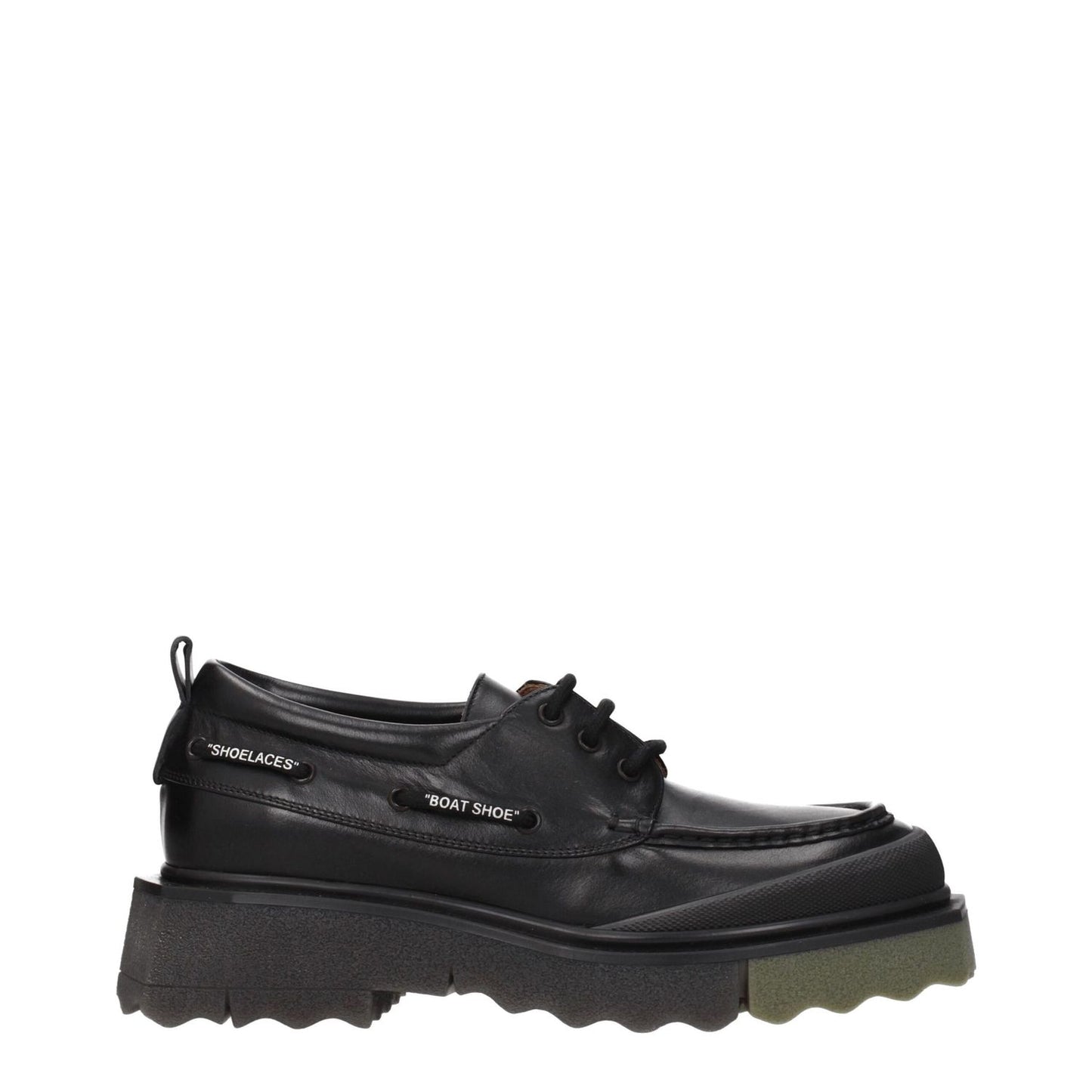 Off-White Black Leather Slip-On Loafers with lace up design, vintage effect, and mid heels, featuring round toe and rubber sole.