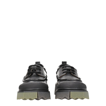 Off-White Black Leather Slip-On Loafers with vintage effect, round toe, mid heels, and military green rubber sole.