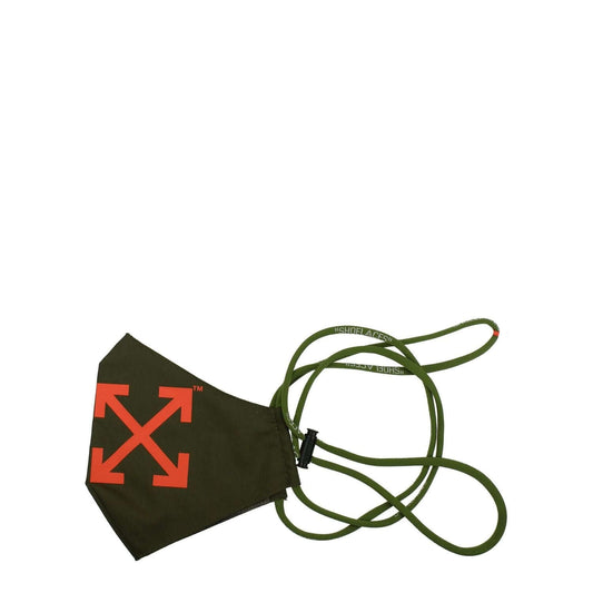 Off-White Green Polyester Facemask with drawstring closure and front detail in cotton-polyester blend featuring bold design.