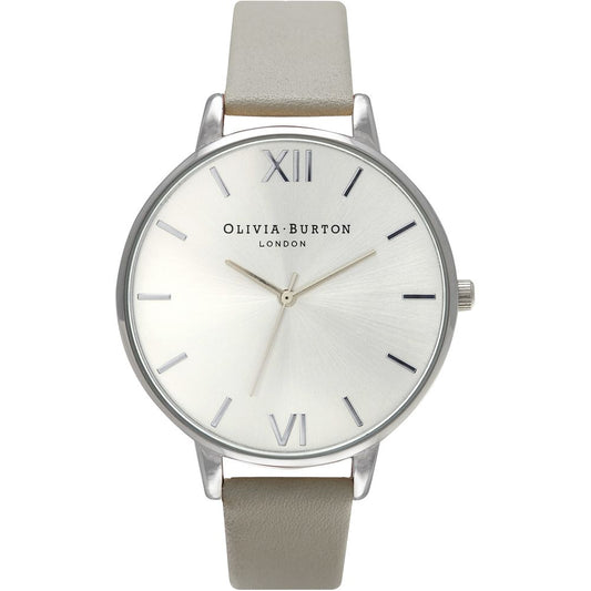 Olivia Burton Gray Leather Dress Watch with silver case and sunray dial, analog quartz mechanism, and grey leather strap.