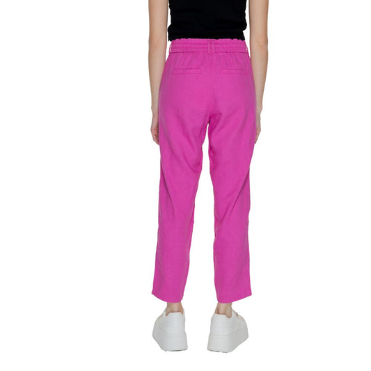Women's Only Multicolor Linen Pant, spring/summer collection, bright pink color, 55% linen, 45% viscose, regular fit, rear view.