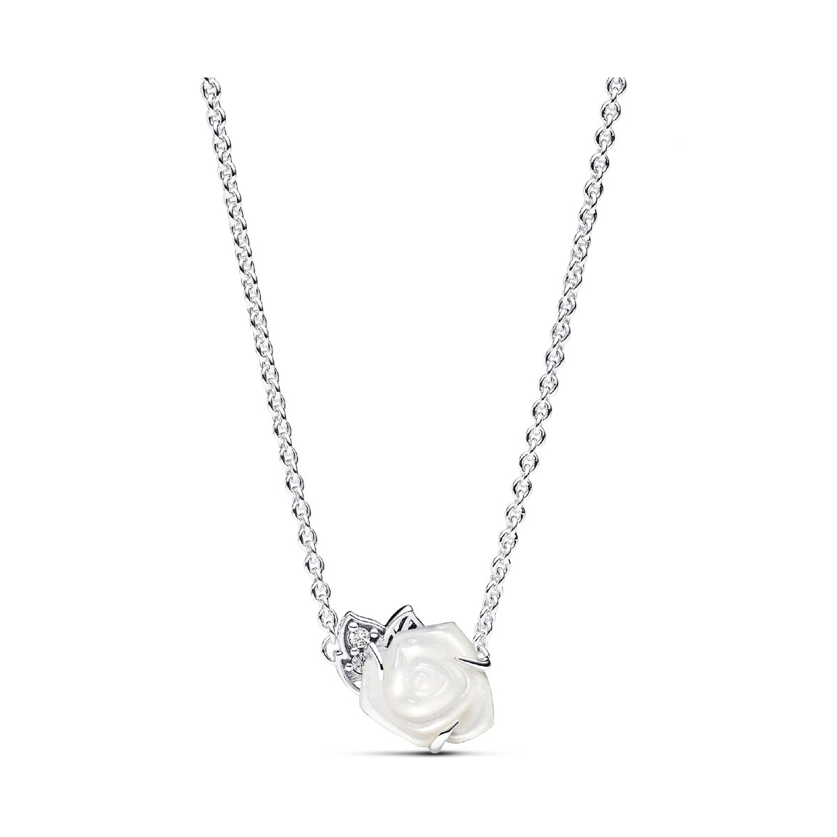 Silver necklace featuring a white rose pendant, PANDORA JEWELRY Mod. 393206C01-45