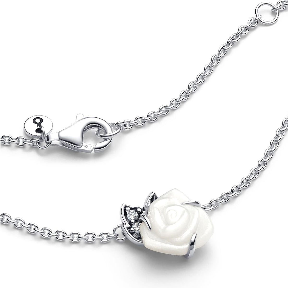 Silver chain necklace featuring white rose detail by PANDORA JEWELRY Mod. 393206C01-45, elegant and floral design.