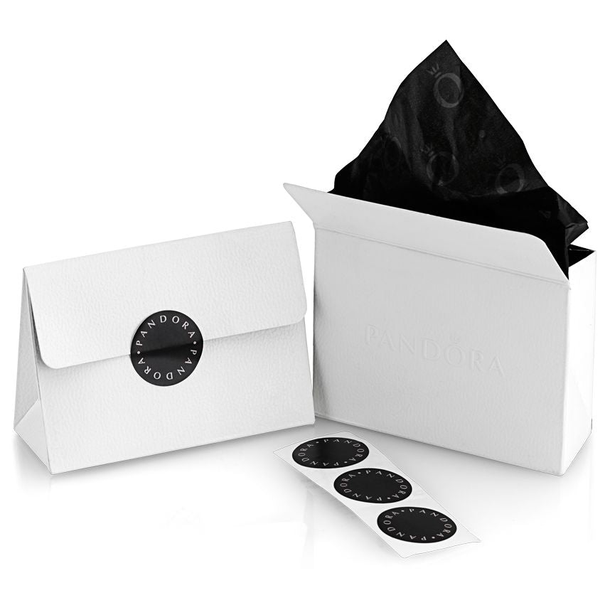 PANDORA JEWELRY Mod. 393206C01-45 gift packaging with black tissue and logo stickers.