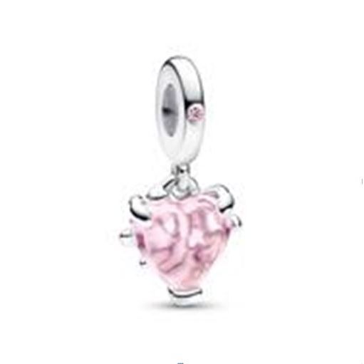 PANDORA JEWELRY Mod. 792654C01 charm, lady's silver 925° with pink heart design, packaged in official box, made in Thailand