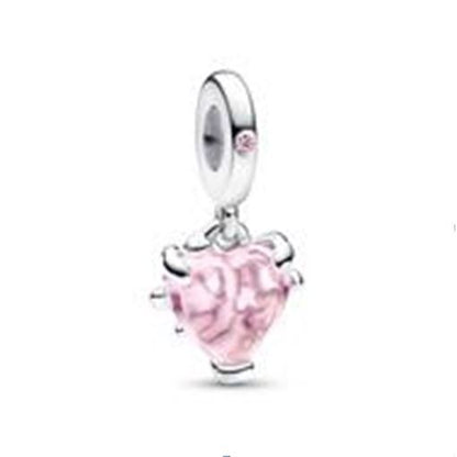 PANDORA JEWELRY Mod. 792654C01 charm, lady's silver 925° with pink heart design, packaged in official box, made in Thailand