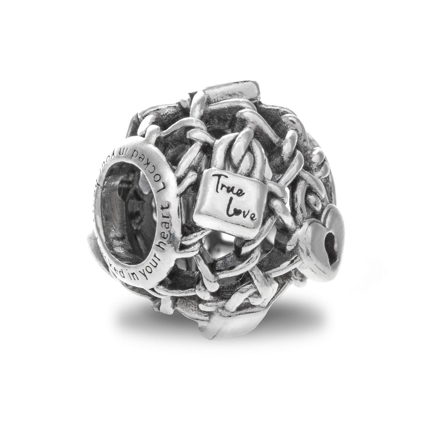 PANDORA Mod. 790071C00 silver charm featuring intricate design, "True Love" engraving, made in Thailand, 925° silver, in official box.